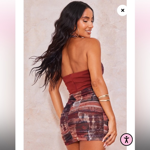 FREE w/ PURCHASE NWT PrettyLittleThing Brown Printed Halterneck Corset Dress - Picture 4 of 8